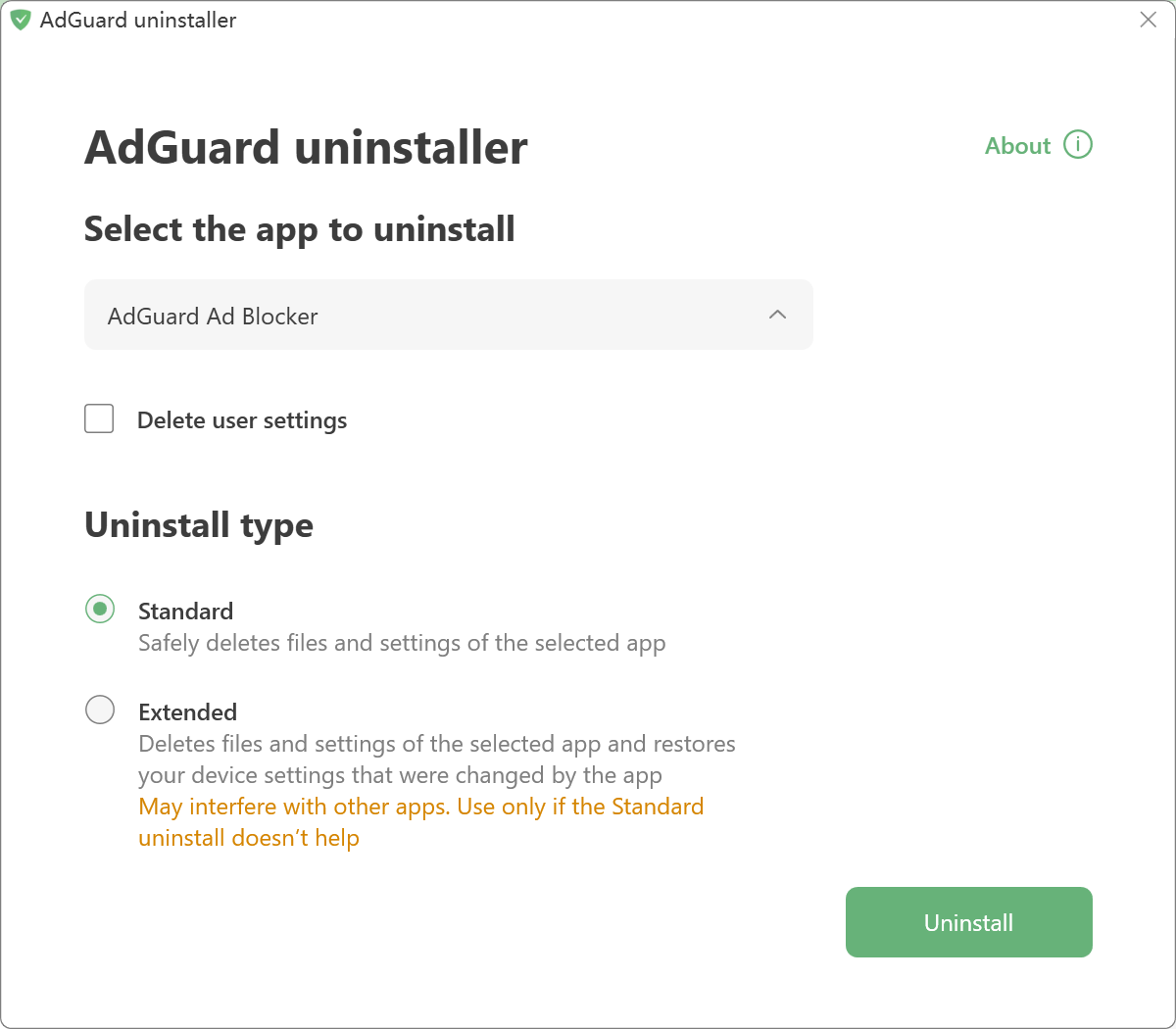 Adguard uninstaller screenshot